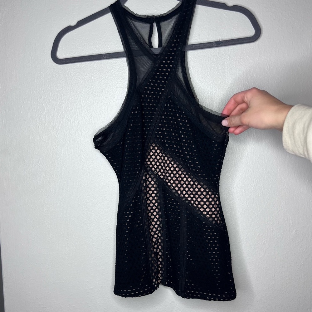 BCBGMaxAzria Sheer Cross Neck Tank Blouse